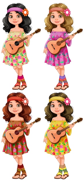 Ilustración vectorial de las niñas coloridas del ukelele