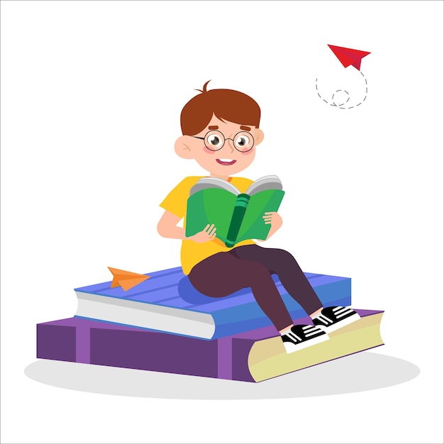 Ilustración vectorial de un niño al que le gusta leer Una escena de dibujos animados de un niño sonriente con gafas sosteniendo un libro abierto en sus manos y sentado en una pila de libros con aviones de papel