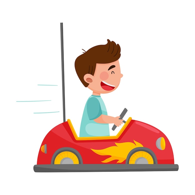 Vector ilustración vectorial de un niño alegre conduciendo un coche de juguete o teniendo un paseo en la feria
