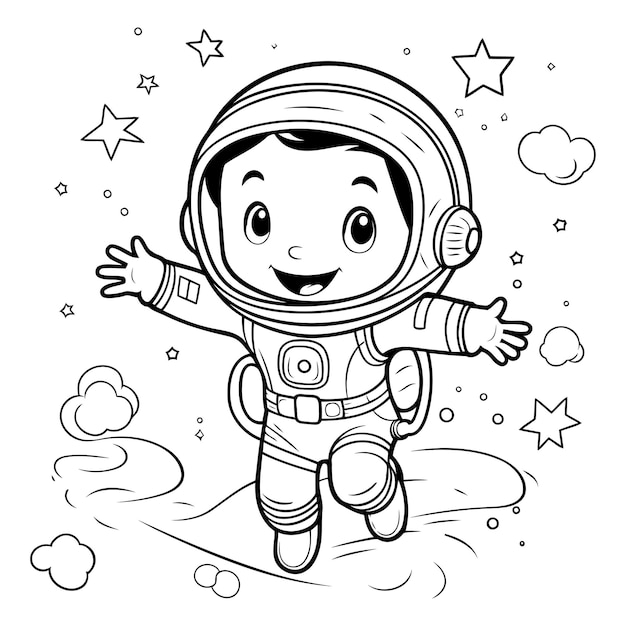 Ilustración vectorial de un niño astronauta para colorear