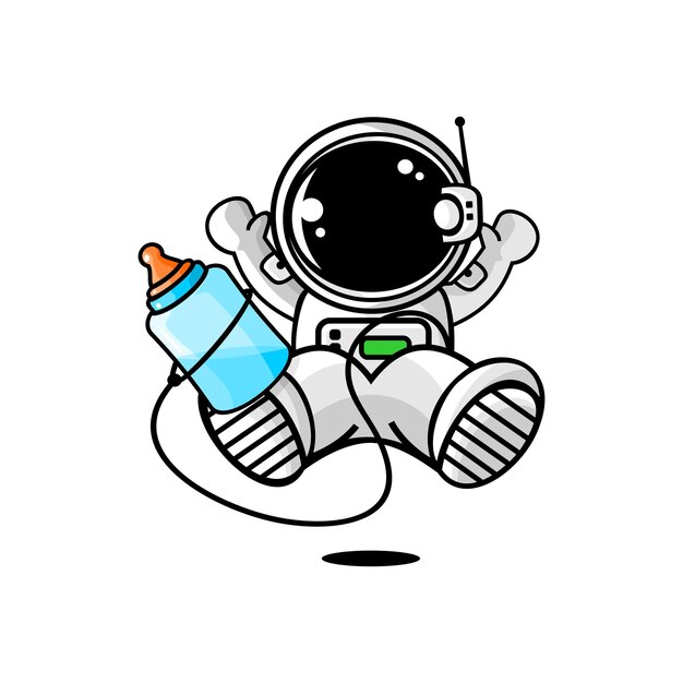 ilustración vectorial de un niño astronauta de dibujos animados sosteniendo un biberón