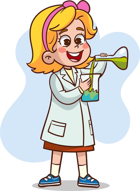 Ilustración vectorial de un niño con bata de laboratorio y gafas sosteniendo un frasco con líquido químico