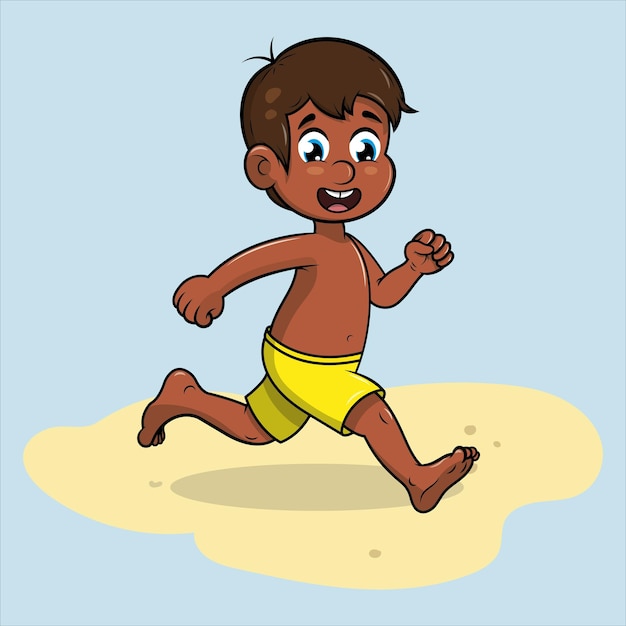 Ilustración vectorial de un niño de cabello oscuro corriendo por la playa