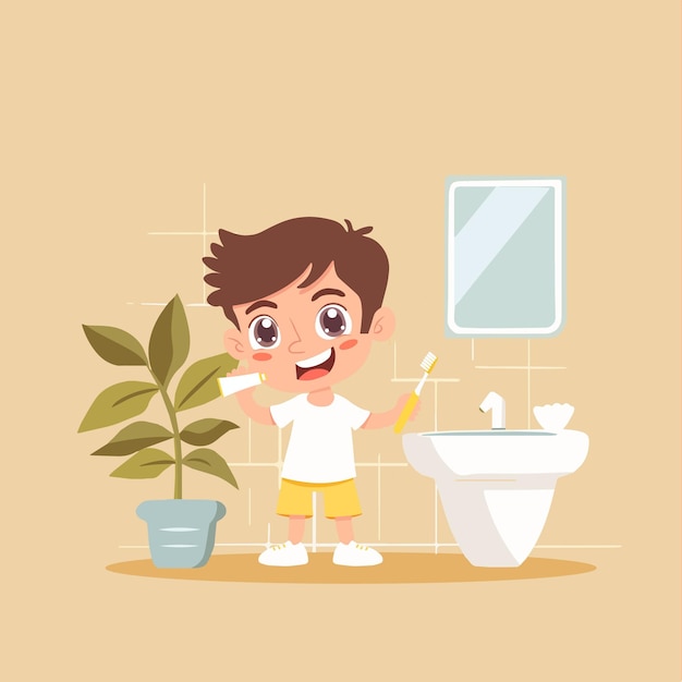 Ilustración vectorial de un niño cepillándose los dientes