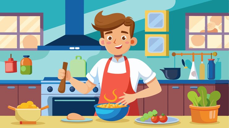 Vector una ilustración vectorial de un niño cocinando en una cocina con un cuenco de comida