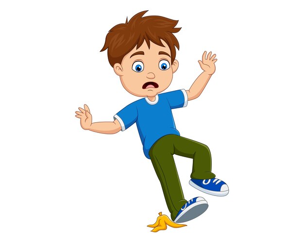 Ilustración vectorial de un niño de dibujos animados resbalando en una cáscara de plátano