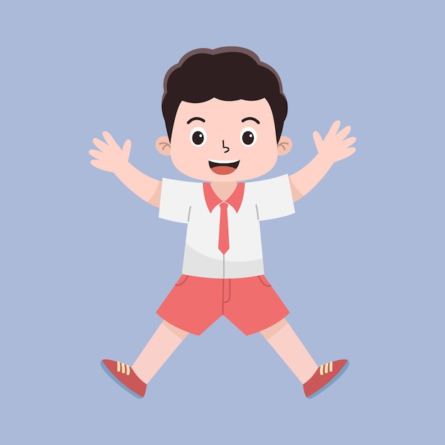 Vector ilustración vectorial de un niño de escuela primaria indonesio con uniforme blanco y rojo y estilo plano