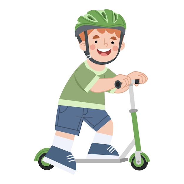 Ilustración vectorial de un niño feliz montando un scooter