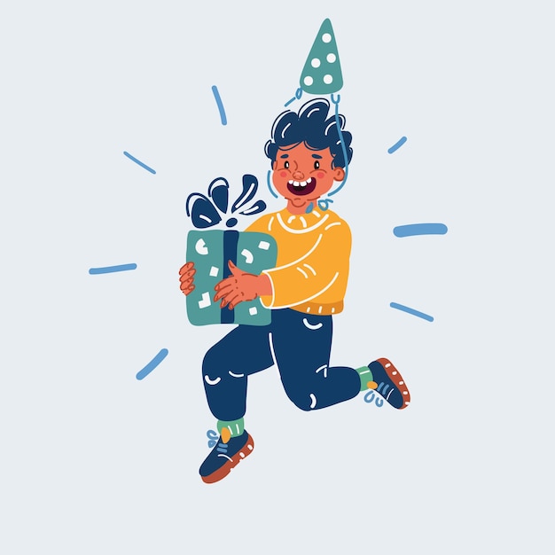 Ilustración vectorial de un niño feliz con un regalo en las manos