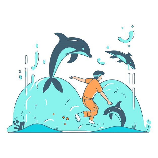 Vector ilustración vectorial de un niño jugando con delfines en el mar estilo plano