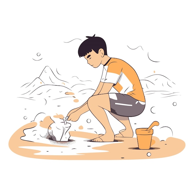 Vector ilustración vectorial de un niño jugando con un perro en el barro