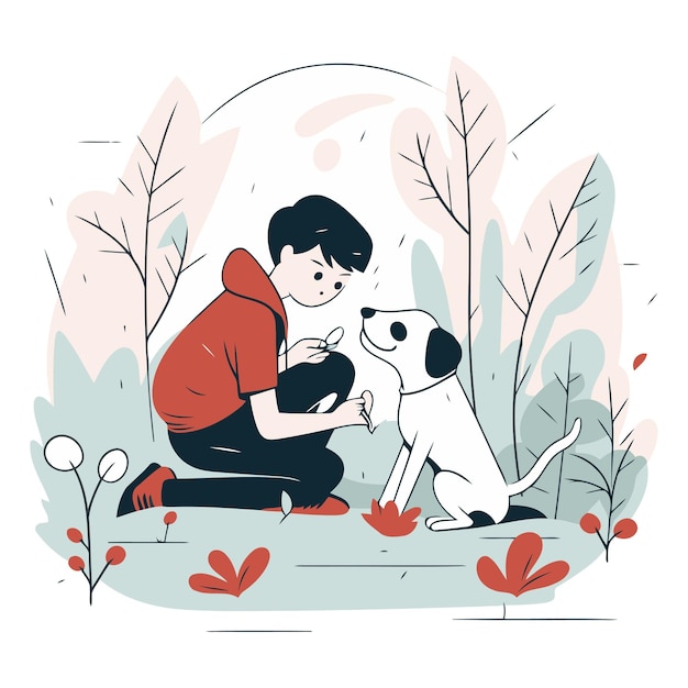 Vector ilustración vectorial de un niño jugando con un perro en el parque