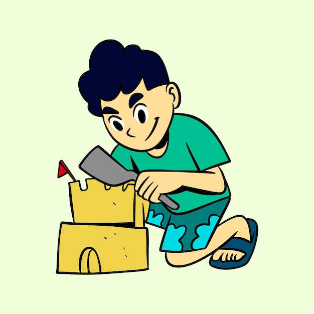 Vector ilustración vectorial de un niño jugando en la playa de arena