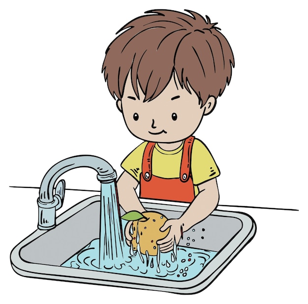 Ilustración vectorial de un niño lavando frutas Imagen educativa aislada