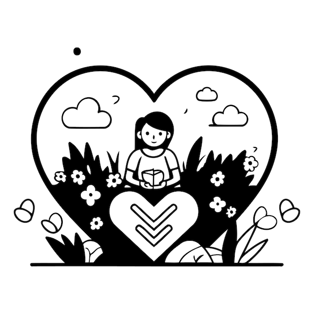 Vector ilustración vectorial de un niño leyendo un libro en forma de corazón con flores y hojas