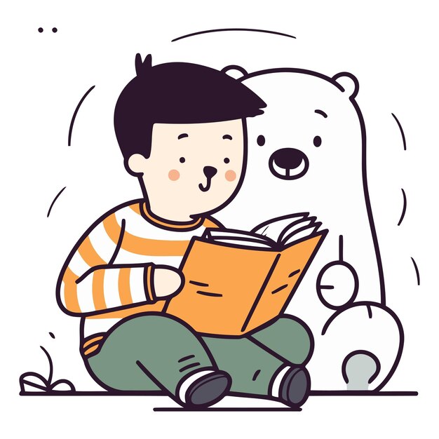 Vector ilustración vectorial de un niño leyendo un libro con un oso polar