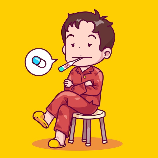Ilustración vectorial de un niño lindo de dibujos animados enfermo