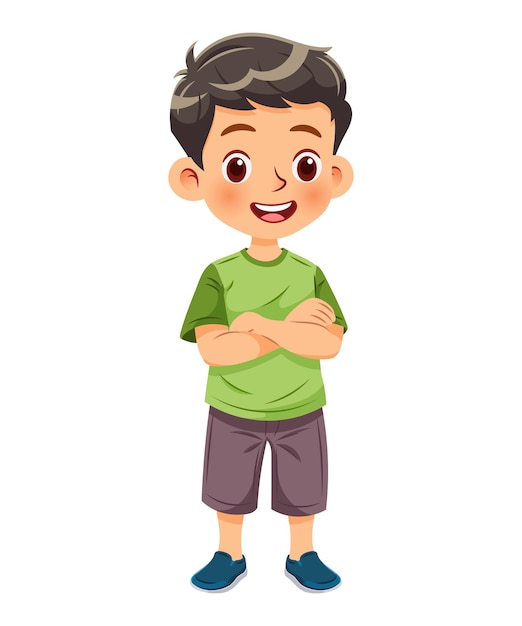 Ilustración vectorial de un niño lindo de pie y sonriendo en ropa colorida y casual