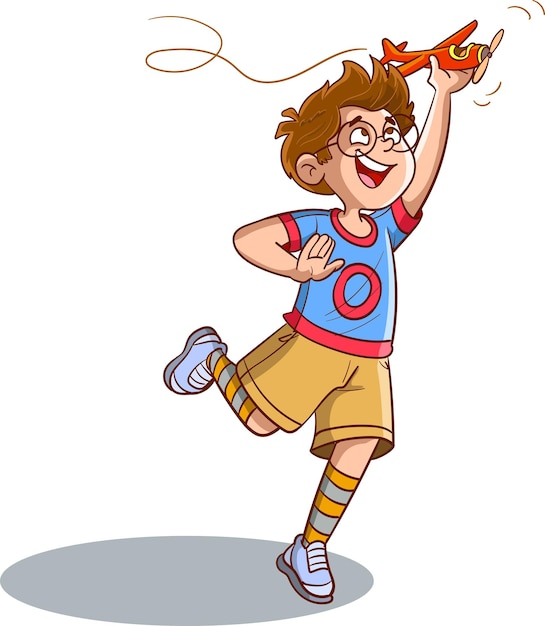 Ilustración vectorial de un niño con lindos shorts jugando con un avión de juguete