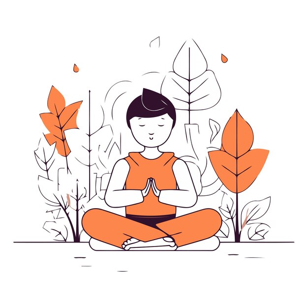 Ilustración vectorial de un niño meditando en posición de loto sobre el fondo de las hojas de otoño