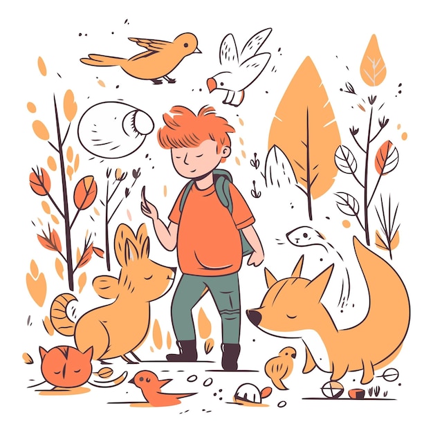 Ilustración vectorial de un niño con una mochila caminando en el bosque de otoño con zorros y pájaros