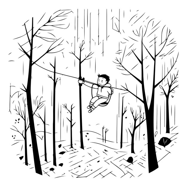 Ilustración vectorial de un niño con un mono rojo en el bosque