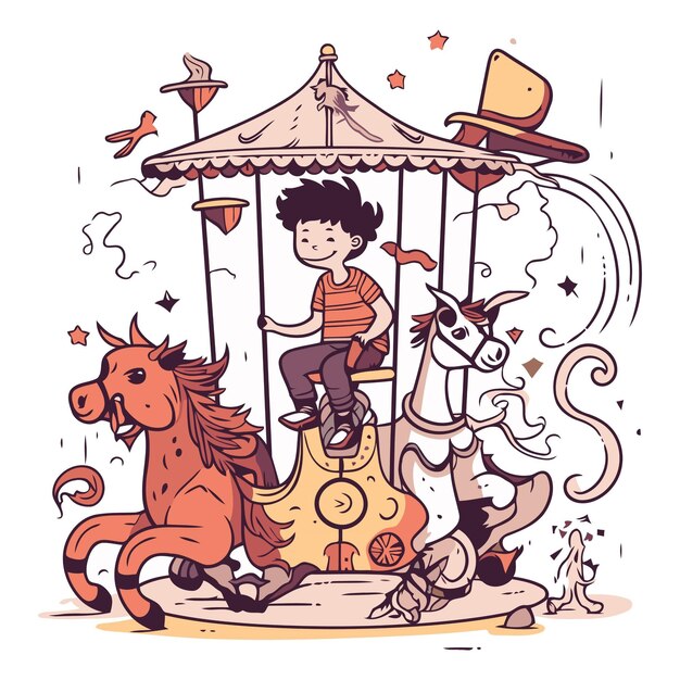 Ilustración vectorial de un niño montando un caballo en un carrusel