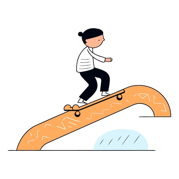 Ilustración vectorial de un niño montando una patineta en un tobogán naranja