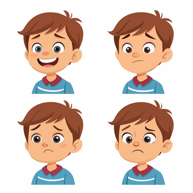 Ilustración vectorial de niño con múltiples expresiones faciales Diseño de personajes de dibujos animados
