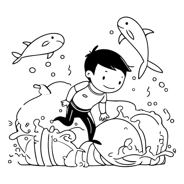 Vector ilustración vectorial de un niño nadando en el océano con una ballena