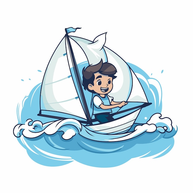 Vector ilustración vectorial de un niño navegando en un velero en el mar