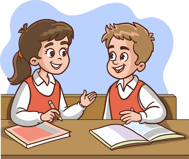 Vector ilustración vectorial de niño y niña estudiante hablando en clase