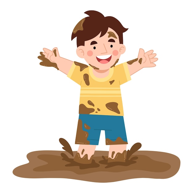 Ilustración vectorial de un niño pequeño jugando en el barro
