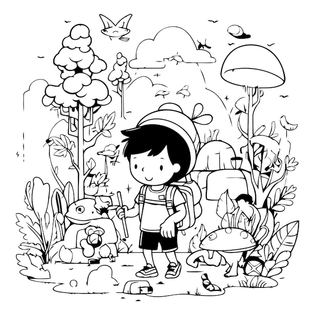 Ilustración vectorial de un niño pequeño con una mochila y setas en el bosque