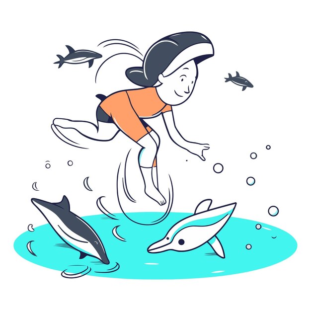 Vector ilustración vectorial de un niño pequeño saltando con delfines en el océano