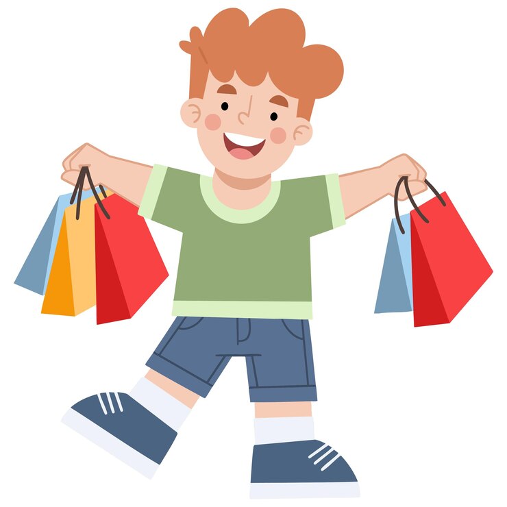 Vector ilustración vectorial de un niño pequeño sosteniendo bolsas de compras
