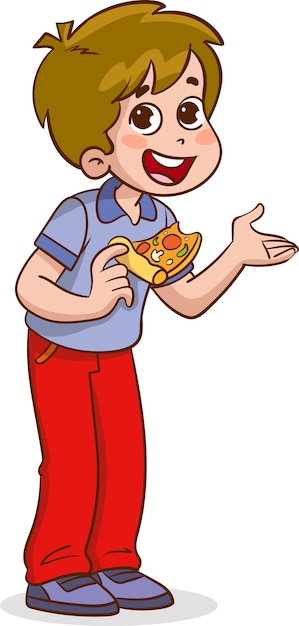 Vector ilustración vectorial de un niño pequeño sosteniendo una rebanada de pizza y hablando