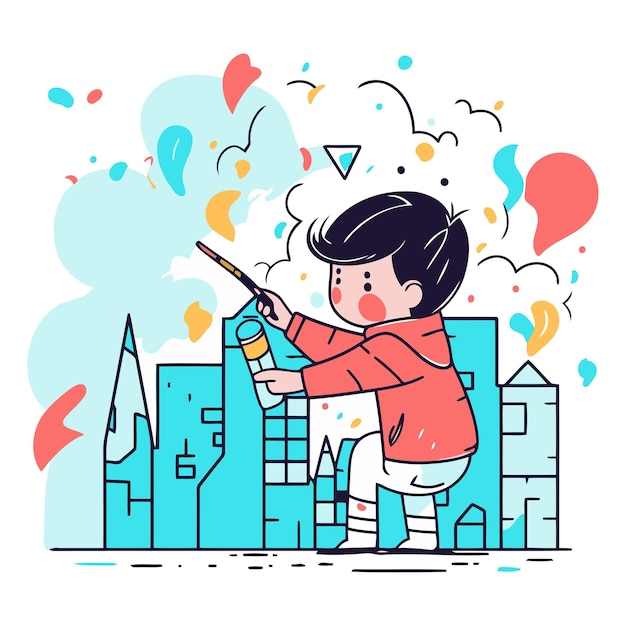 Vector ilustración vectorial de un niño pintando una ciudad con pincel estilo plano