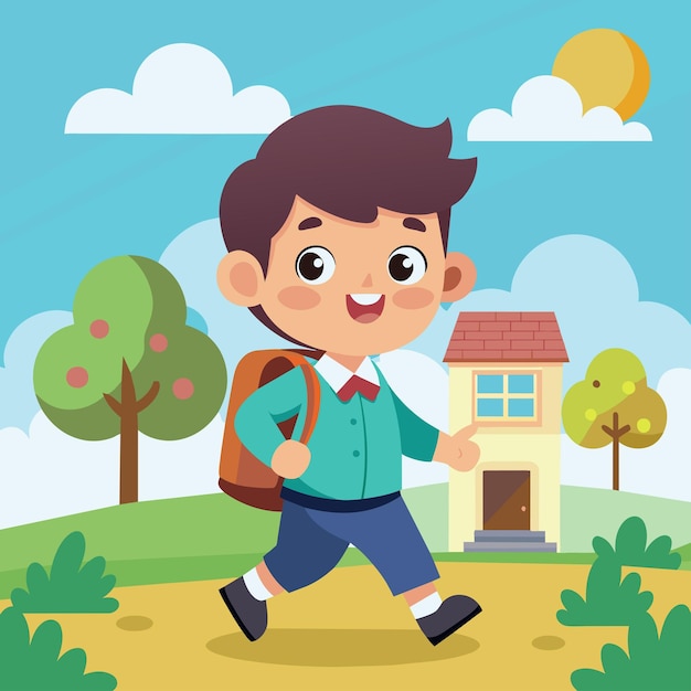 Ilustración vectorial de un niño que va a la escuela con una mochila