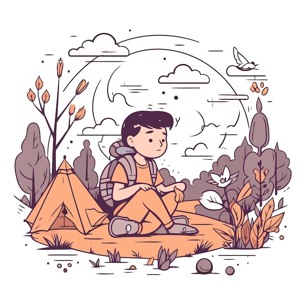 Vector ilustración vectorial de un niño sentado cerca de una tienda en el bosque de otoño