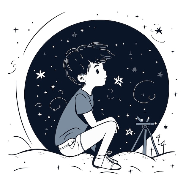 Vector ilustración vectorial de un niño sentado en la luna y mirando las estrellas