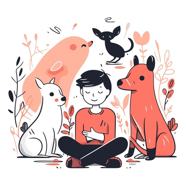 Vector ilustración vectorial de un niño sentado con un perro en el parque