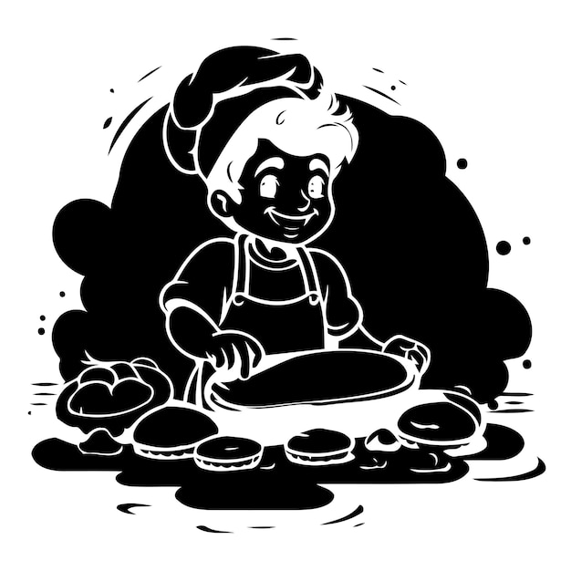 Ilustración vectorial de un niño con sombrero de chef haciendo panqueques al estilo de dibujos animados