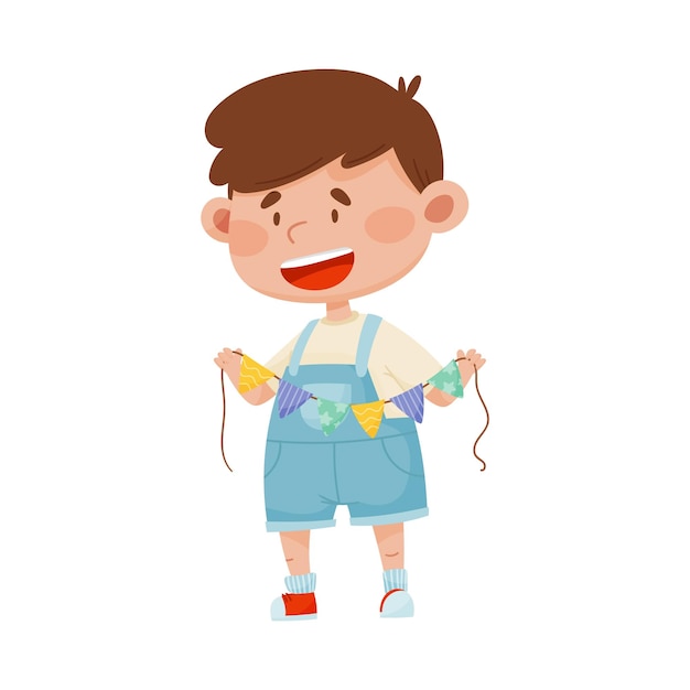 Ilustración vectorial de un niño sonriente con una guirnalda de triángulo de papel