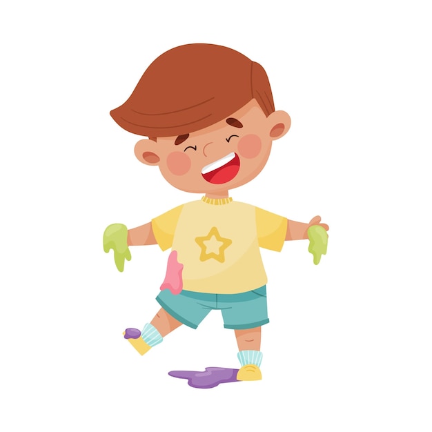 Ilustración vectorial de un niño sonriente de pie con ropa manchada