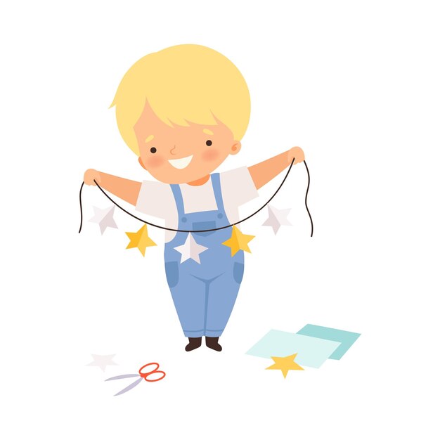 Ilustración vectorial de un niño sonriente sosteniendo una guirlanda de estrella de papel