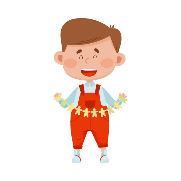 Ilustración vectorial de un niño sonriente sosteniendo una guirnalda en forma de papel