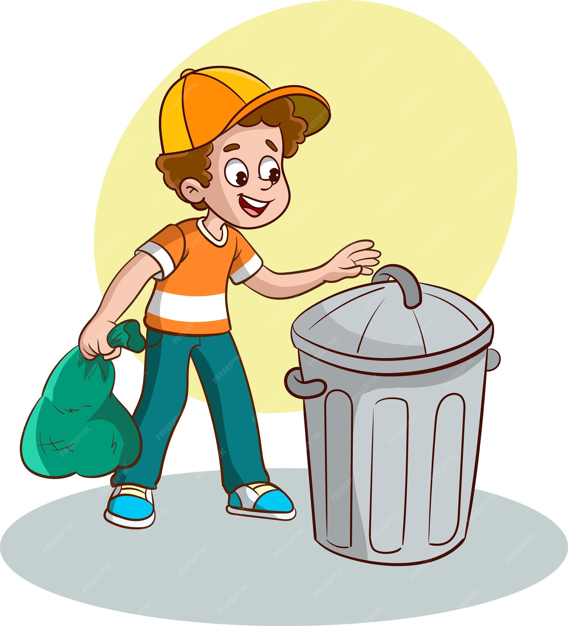 Ilustración vectorial de un niño tirando basura en la casa. un niño lleva  basura en una bolsa de plástico para | Vector Premium