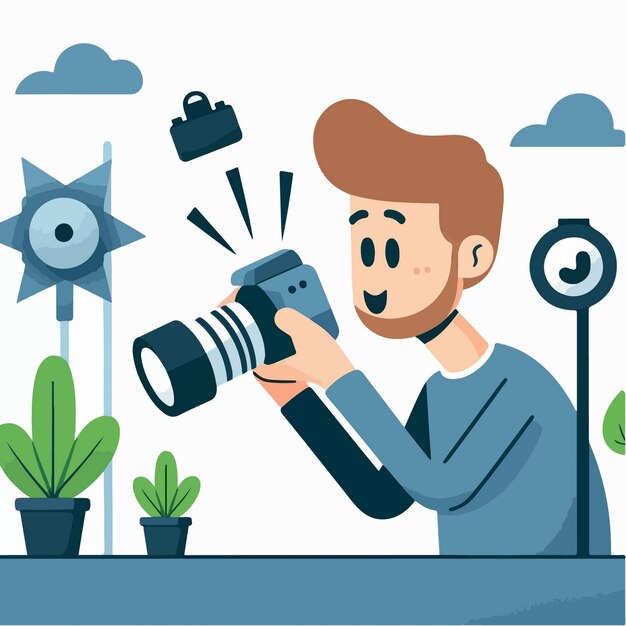 Ilustración vectorial de un niño tomando una foto en estilo de diseño plano