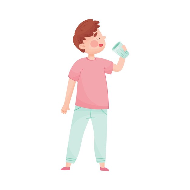 Vector ilustración vectorial de un niño con un vaso de agua fría y bebiendo